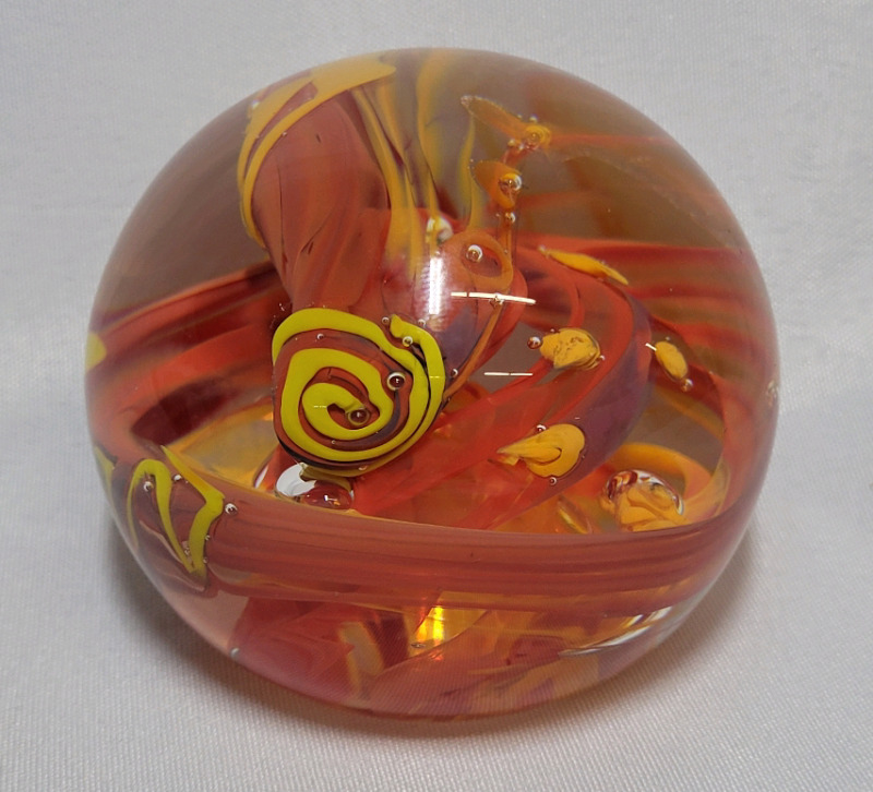 Orange Swirls Glass Paperweight , Artisan Signed & Dated 2001