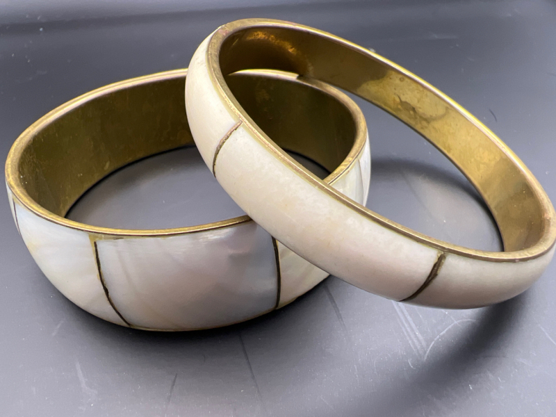 Two Brass Bangles MOP and Bone inlay