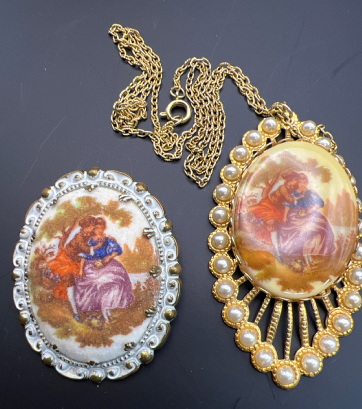 Vintage Classical Scene Pendant on Chain and Brooch