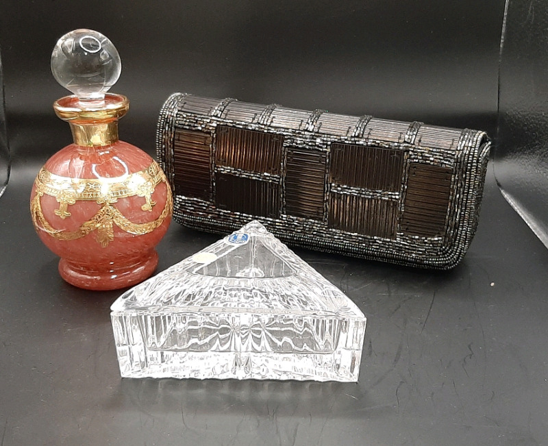 A Vintage Bohemian Crystal Trinket Box, A Modern Art Glass Scent Bottle and a BCBG Beaded Evening Bag