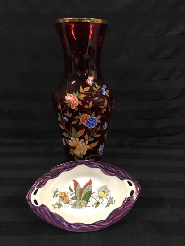 Royal Silesia Butterfly Dish & Vintage Ruby Red Glass Vase Birds & Butterflies