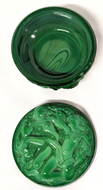 Vintage Malachite Glass Dresser Jar with Nude Forms - Czechoslovakia