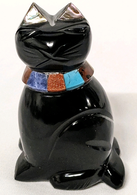 Onyx Cat Figurine with Inlaid Gemstone Collar & Ears