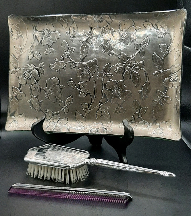 Vintage Silver Overlay Tray and a Vintage Silver Tone Brush and Comb