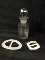 Late Victorian Cut Glass Scent Bottle w/Ground Stopper & 2 Mother Of Pearl Belt Buckles
