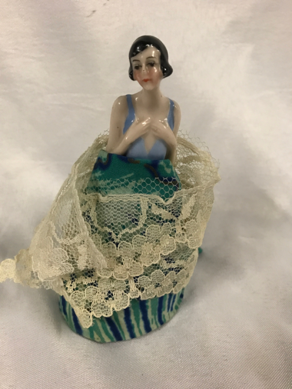 Antique Porcelain Half Doll Pin Cushion with hand made skirt & lace shawl 4.5 inches tall