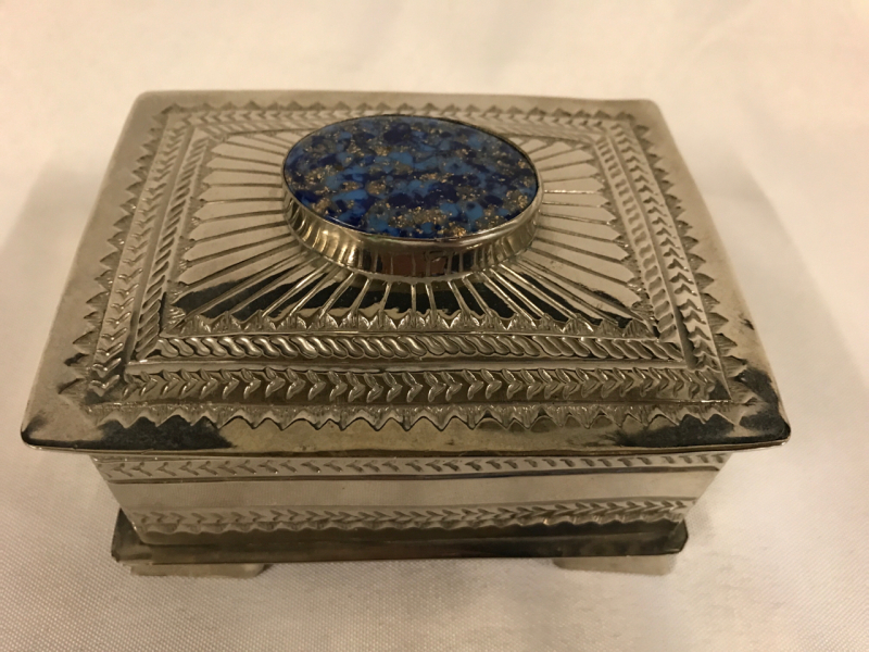 Stunning Artisan Crafted Alpaca Silver Lazuli Trinket Box by Ruth Cortez, Mexico