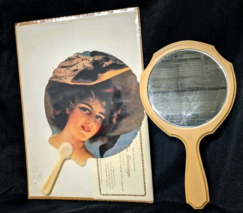 Vintage French Ivory Mirror & Turn of the Century Fan Greetings with Envelope (1901 Paper Fan Reproduction)