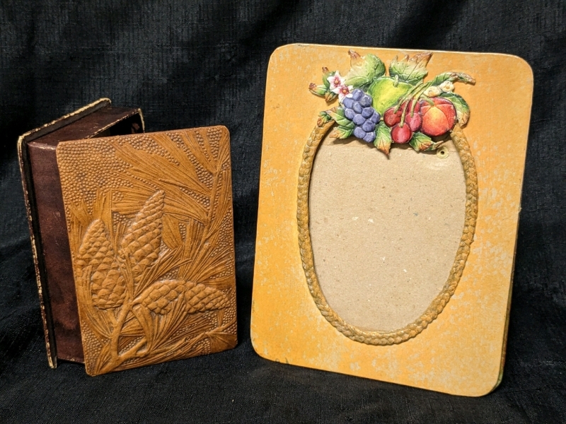 Antique Leather Box w Pine Boughs and Cones & Vintage Paper Picture Frame with Fruit