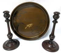 Antique Turned Walnut Wood Candlesticks & Vintage Round Tray w Incised Fruit Freeze Branch and Bird