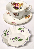SHELLEY England Dish with Purple Flowers & SHELLEY England Tea Cups + Saucer White with Floral Bouquet