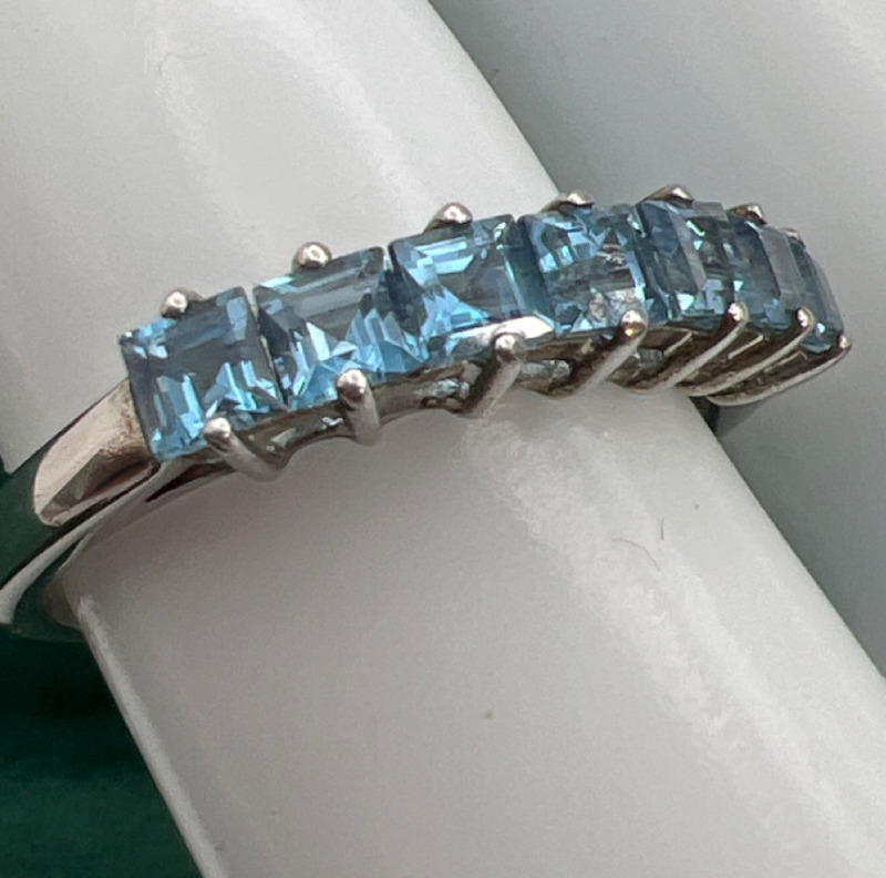 925 Sterling 7 Row Asscher Cut Blue Stone Ring