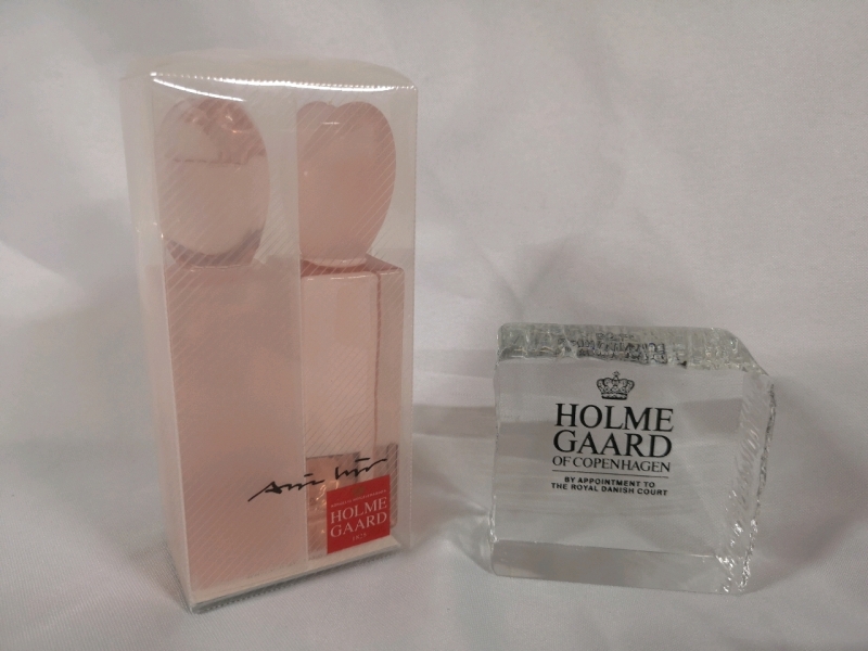 Pair of HOLMEGAARD Pink Heart Candlesticks+ Point Of Sale Sign