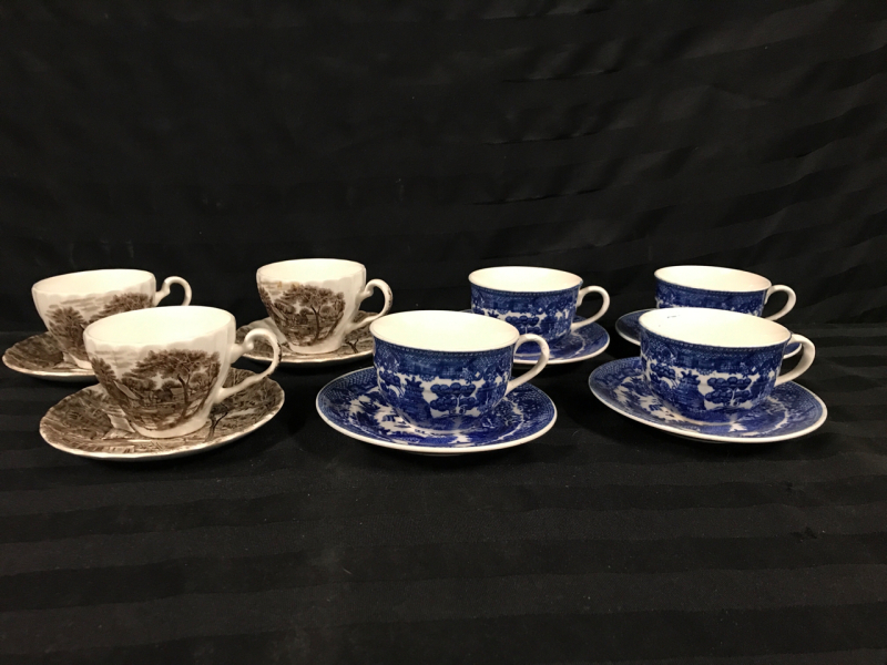 7 Vintage Cups & Saucers Blue Willow & Johnson Bro