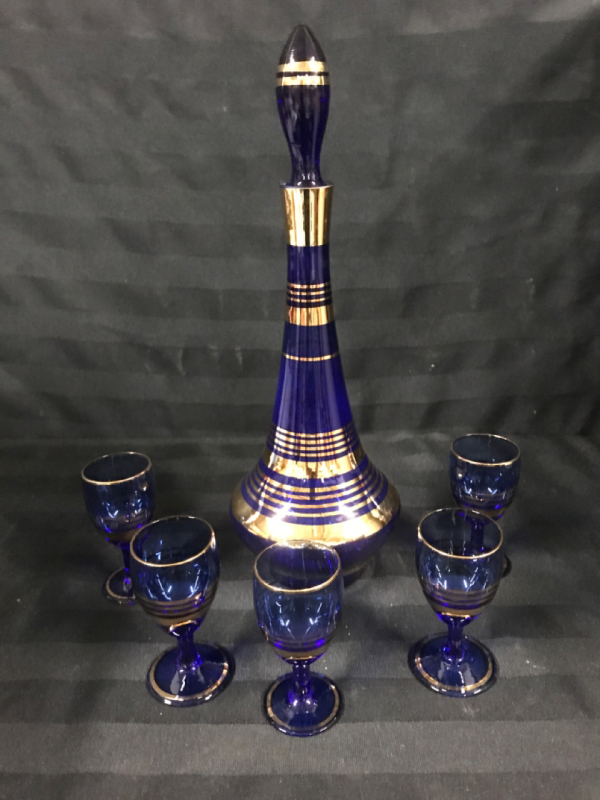 Vintage Cobalt Blue Liquor Decanter & 5 Footed Glasses