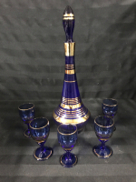 Vintage Cobalt Blue Liquor Decanter & 5 Footed Glasses