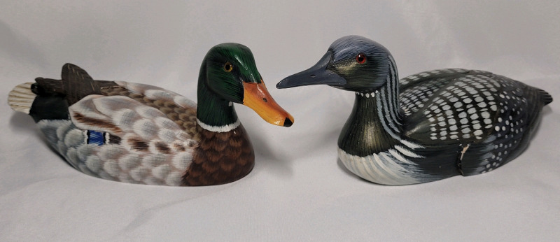 Canadian Wildlife Hand Carved Wooden Mantle Duck Decoys - Mallard & Common Loon