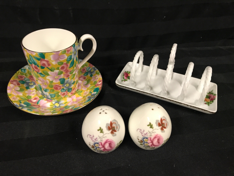 Vintage Royal Albert Toast Rack & Demmitasse & Sandford Salt & Peppers