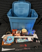 Harley-Davidson Collectables and a Rubbermaid Bin.