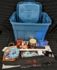 Harley-Davidson Collectables and a Rubbermaid Bin.