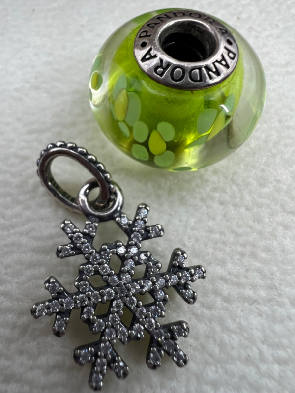 PANDORA 925 Green Blossoms Murano and CZ Snowflake Charms