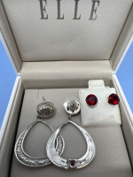 ELLE Hoop Earrings signed Sterling red stone Studs