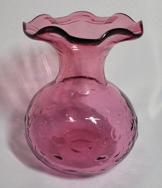 Cranberry Glass Vase with Embossed Swirls & Hearts , 6" Tall