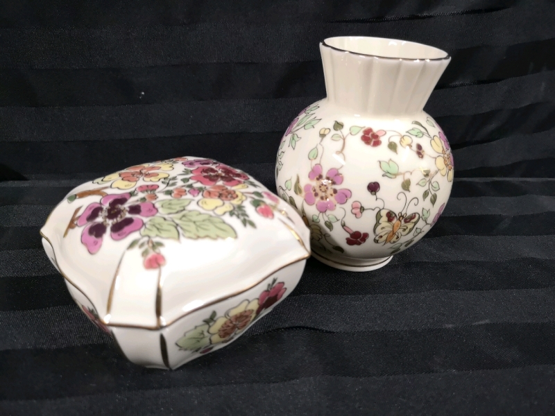 Vintage Zsolnay Pecs Hand Painted Trinket Box and Vase with Flowers