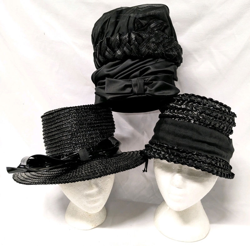 Vintage Black Hats: Straw Hat w Patent Bow by M'Sieu Leon, Hat with Bow, Straw Hat with Ribbon & Straw Hat w Braided Rim