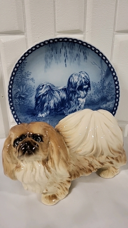 Lhasa Apso Plate & Pekingese Figurine