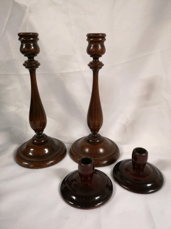 2 Antique Wooden Candlestick Holders - Turned Oak