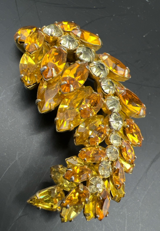 SHERMAN Amber Rhinestone Leaf Brooch