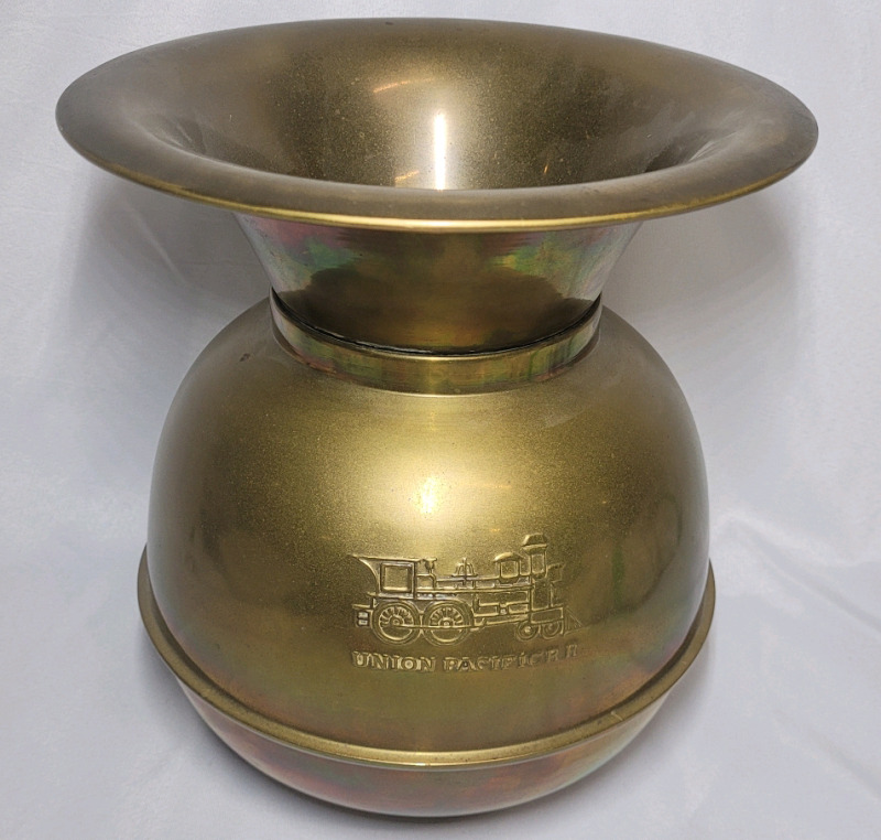 Union Pacific Railroad Double Sided Brass Spittoon , measures 10 1/4" tall