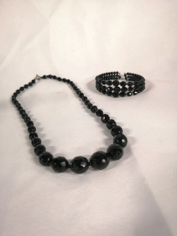 Vintage Black Crystal Beaded Necklace and Bracelet