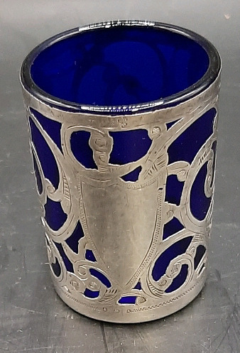 English Sterling Overlay Cobalt Glass Cup