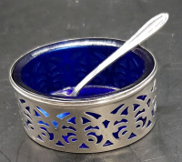 Birks Sterling and Cobalt Glass Salt with Sterling Spoon