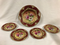 Vintage Cake Plate & 4 Desert Plates Early Hand Painted
