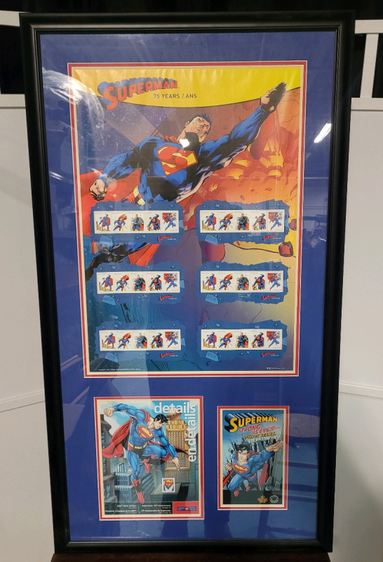 Canada Post Superman 75th Anniversary Postage Stamps Framed Art , 24"×43"