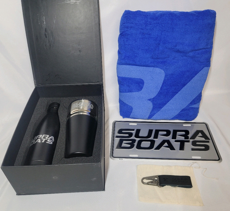 SUPRA BOATS Gift Bag : Beach Towel , License Plate , Water Bottle , Coffee Traveler