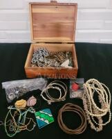 Unverified & Unsorted Costume Jewelry Lot in Wood Box