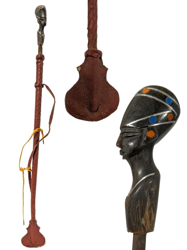 Vintage Leather-Wrapped Riding Crop with Carved Antler Bust & Inlaid Colourful Dots