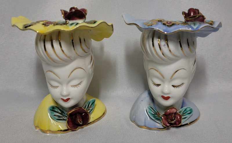 Vintage Head Vases , Yellow and Blue , Pair . 4.5" tall