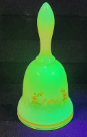 Vintage Hand Painted Uranium Glass Bell , Signed by Artist . 4.5" tall