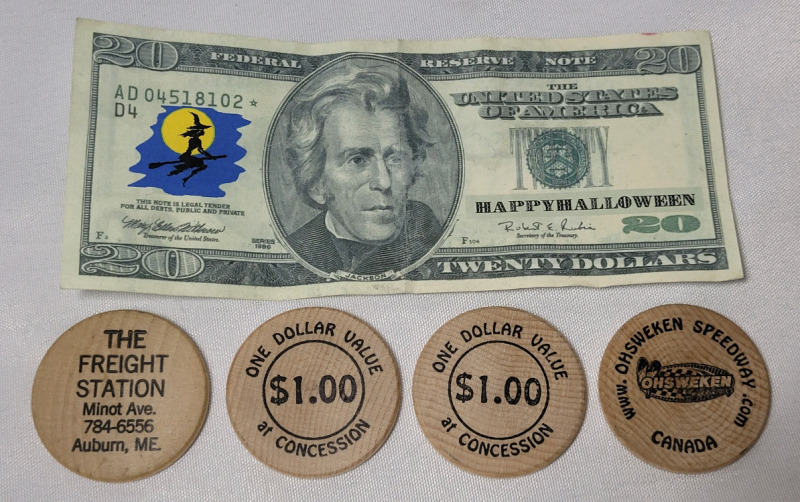 USA Halloween Novelty 20 Dollar Bill & Four (4) Wooden Nickels