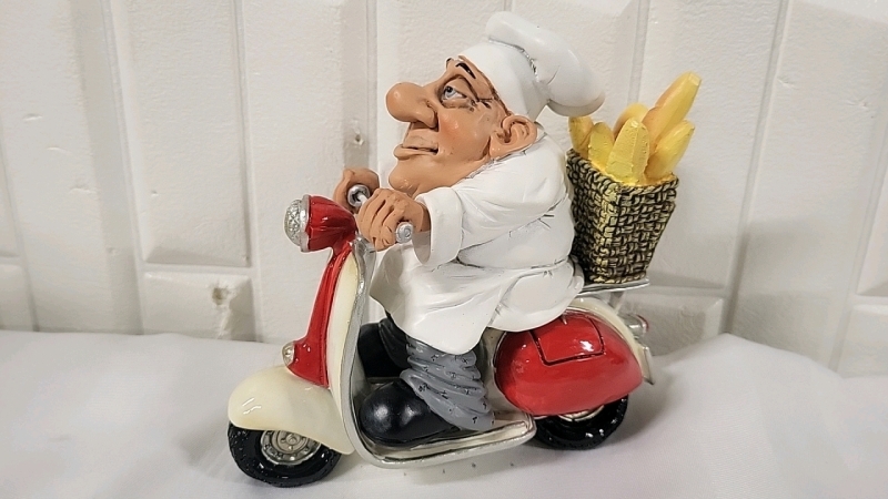 Vintage Chef on a Scooter Resin Figure - Montreal or Bust