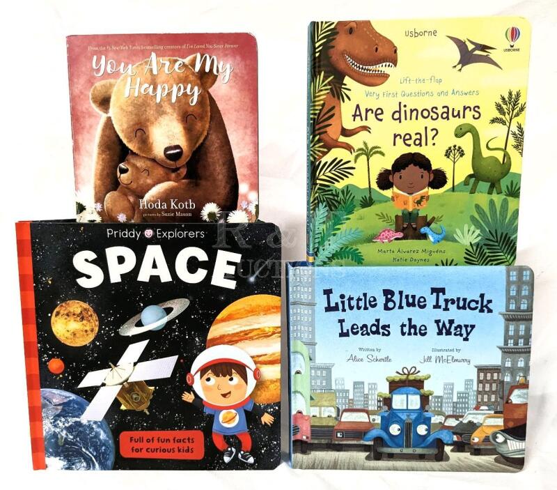 4 New Hardcover Kids Books: Dinosaurs, Space, Happy & Little Blue Truck.