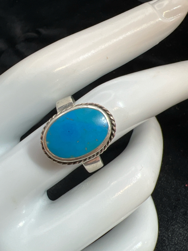 925 Sterling Silver Stamped Oval Turquoise Ring