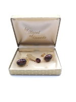 Vintage Gold Tone Brown Glass Cuff Links & Tie Clip