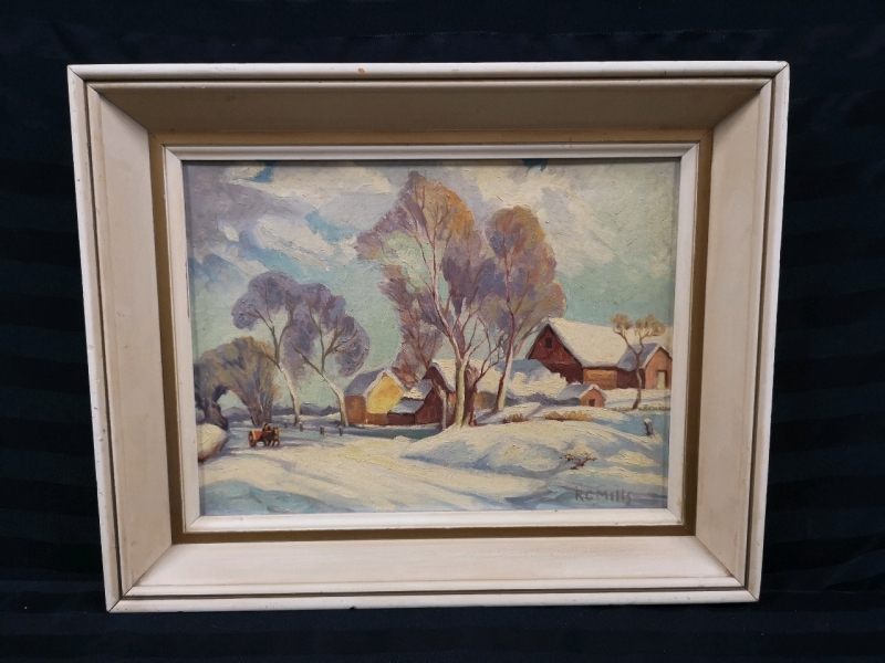 Vintage Winter Scene Oil on Board by RC Mills