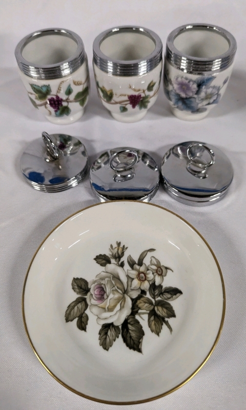 3 Royal Worcester Egg Coddlers and 1 Royal Worcester Pin Dish.